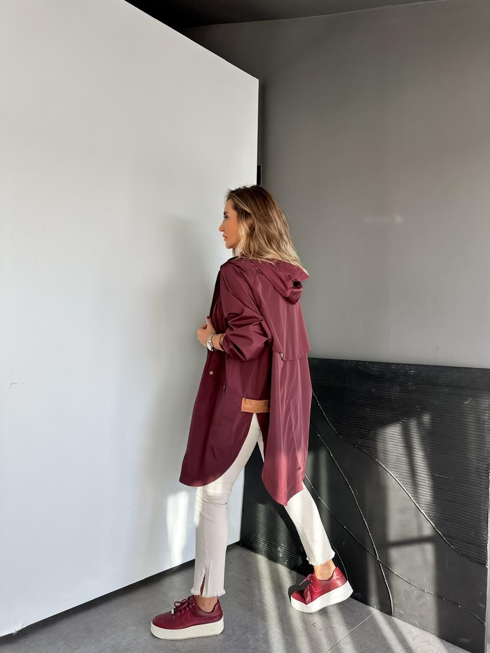 Bordo Kapşonlu Tasarım Premium Trençkot