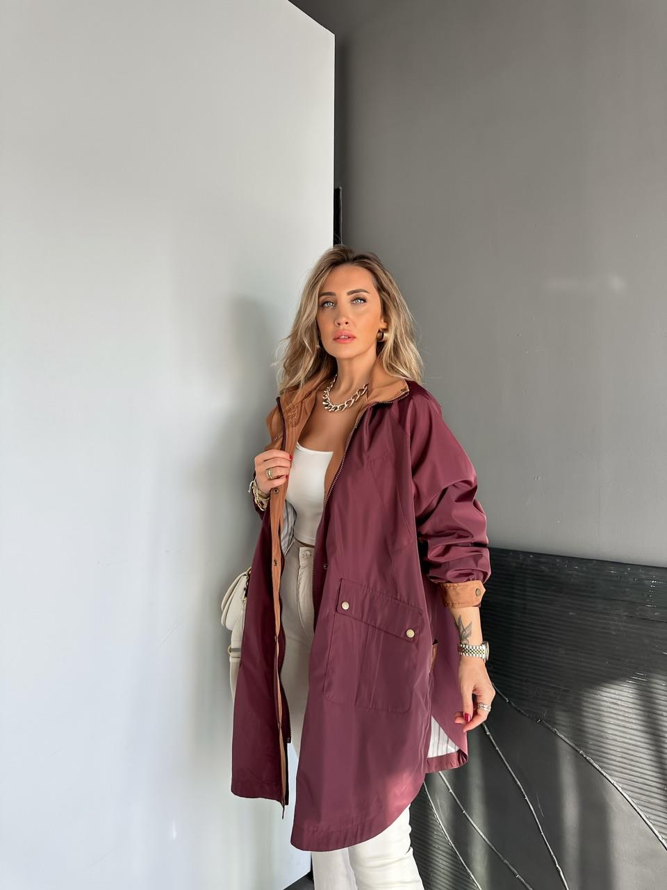 Bordo Kapşonlu Tasarım Premium Trençkot