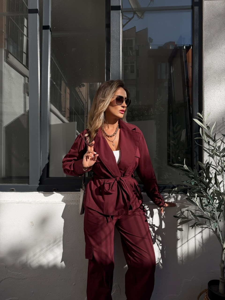 Bordo Kargo Pantolonlu Safari Takım