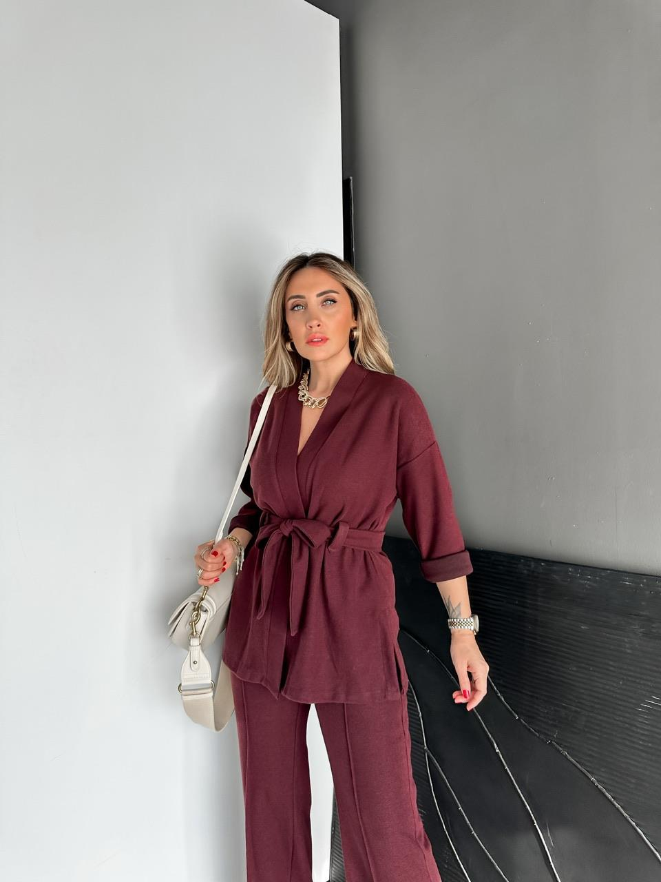 Bordo Kaşkorse Kuşaklı Ceketli Takım