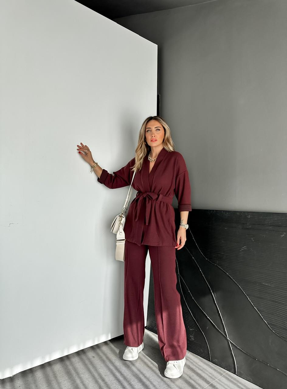 Bordo Kaşkorse Kuşaklı Ceketli Takım