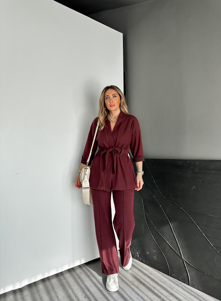 Bordo Kaşkorse Kuşaklı Ceketli Takım