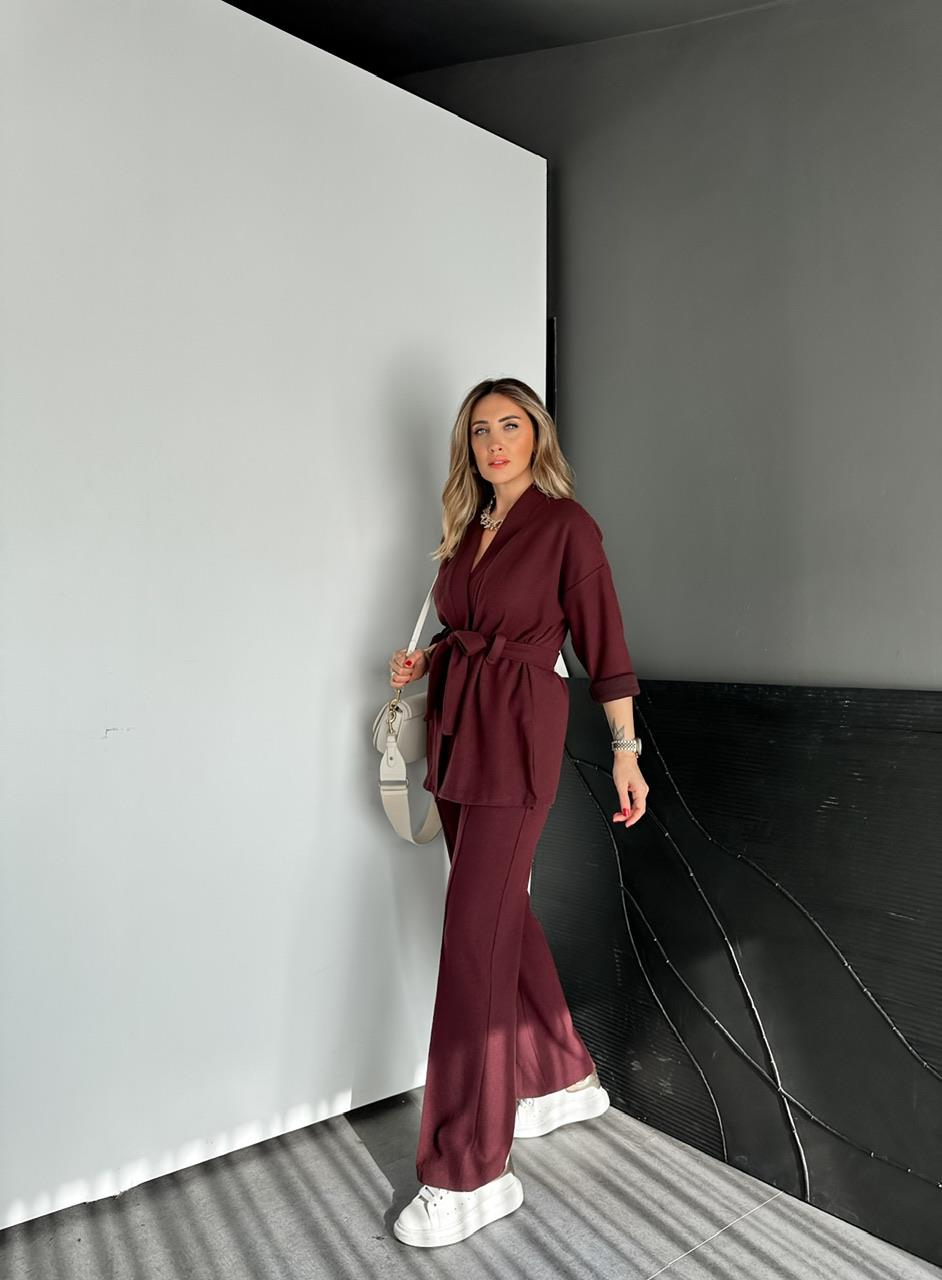 Bordo Kaşkorse Kuşaklı Ceketli Takım