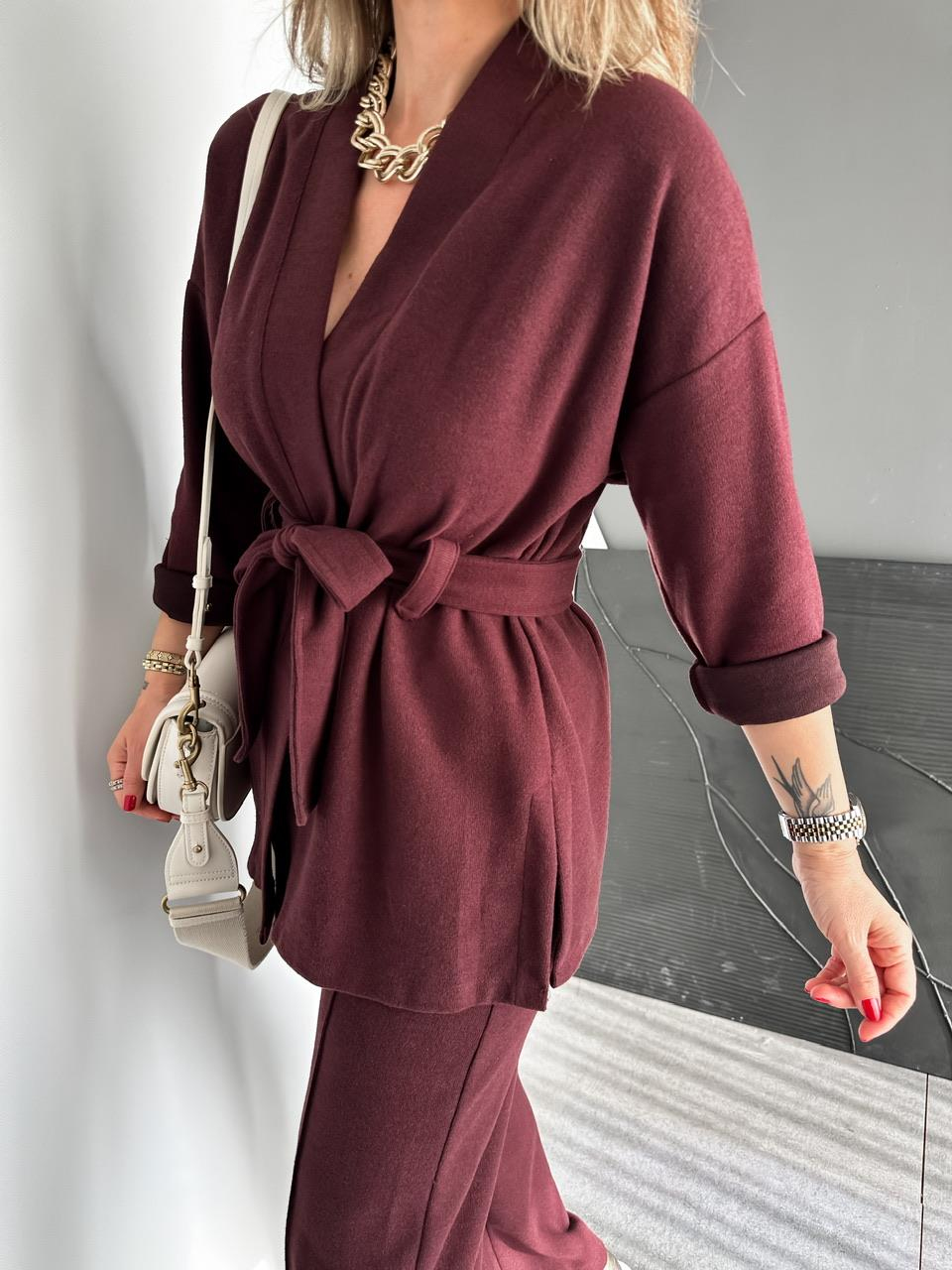 Bordo Kaşkorse Kuşaklı Ceketli Takım