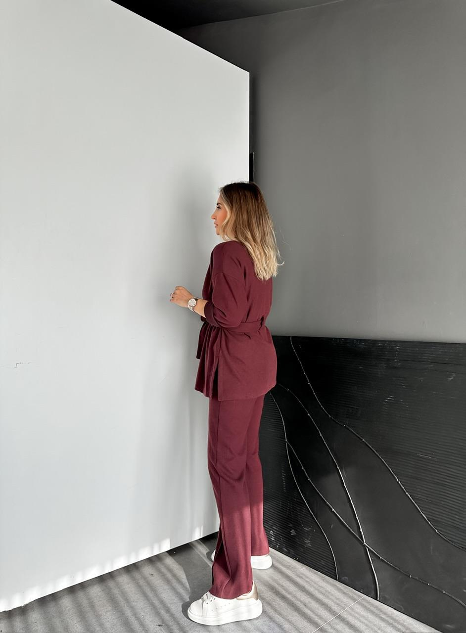 Bordo Kaşkorse Kuşaklı Ceketli Takım