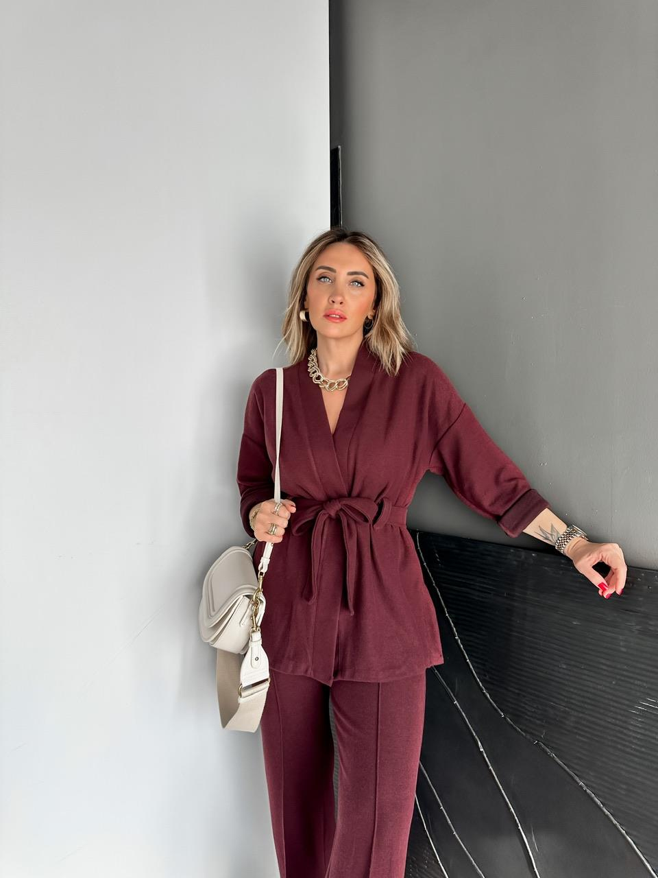 Bordo Kaşkorse Kuşaklı Ceketli Takım