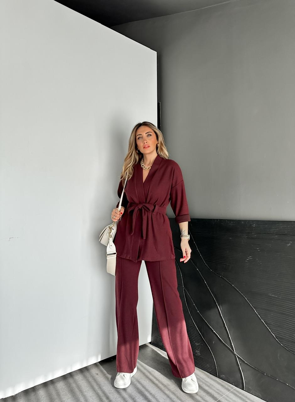 Bordo Kaşkorse Kuşaklı Ceketli Takım