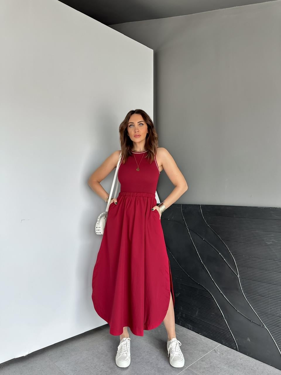 Bordo Kaşkorse Poplin Elbise