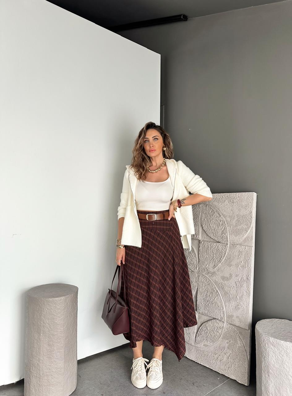 Bordo Kemerli Asimetrik Ekose Etek