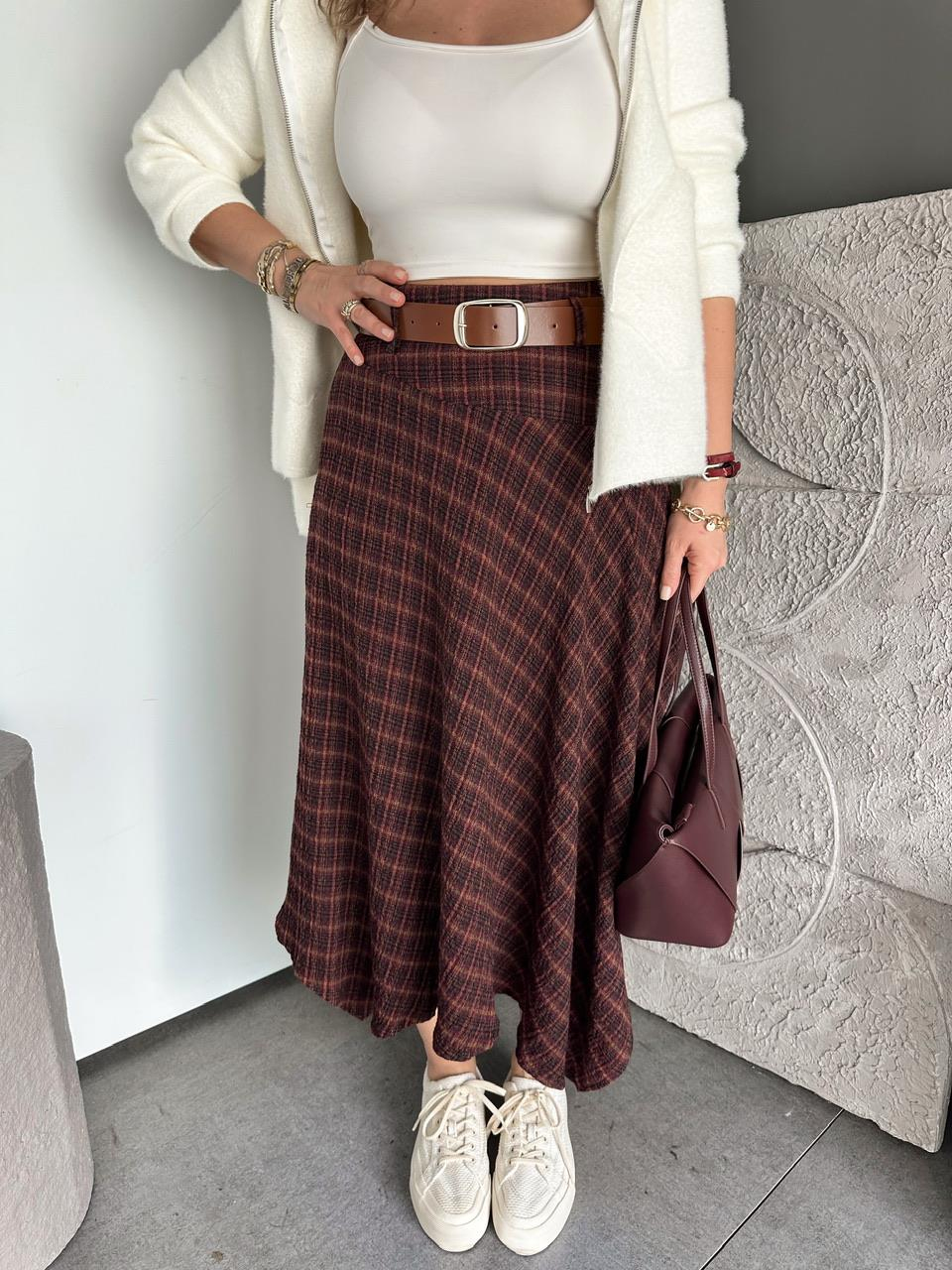 Bordo Kemerli Asimetrik Ekose Etek