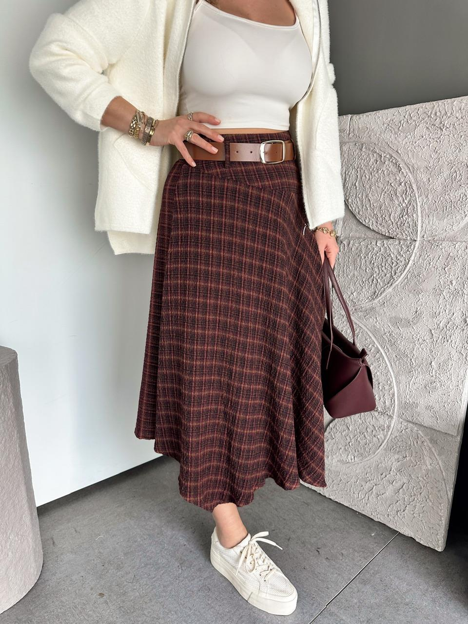 Bordo Kemerli Asimetrik Ekose Etek