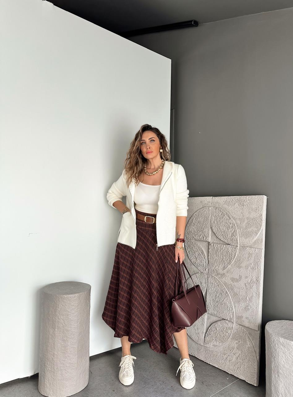 Bordo Kemerli Asimetrik Ekose Etek