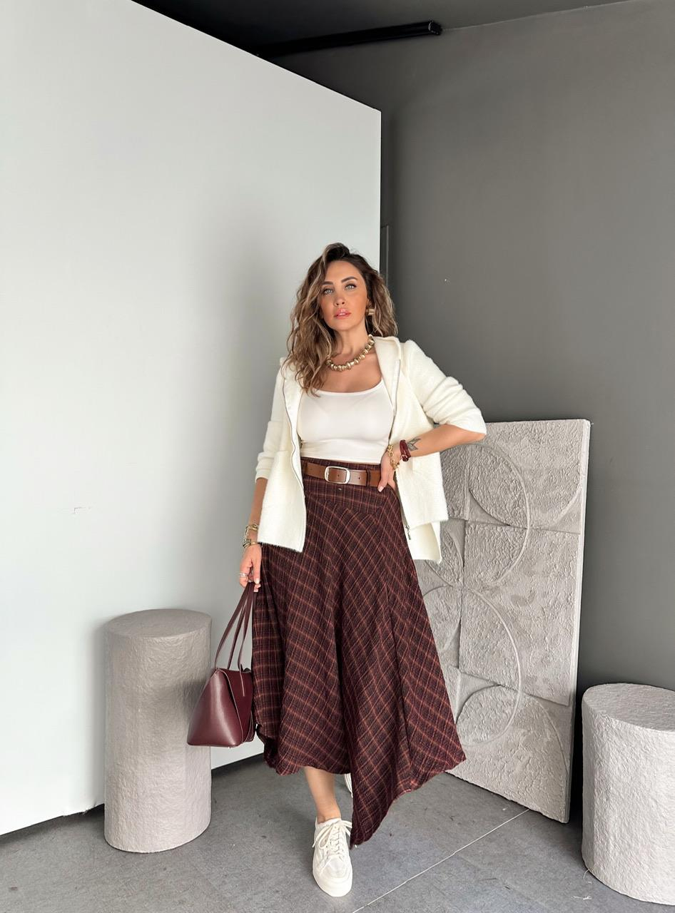 Bordo Kemerli Asimetrik Ekose Etek