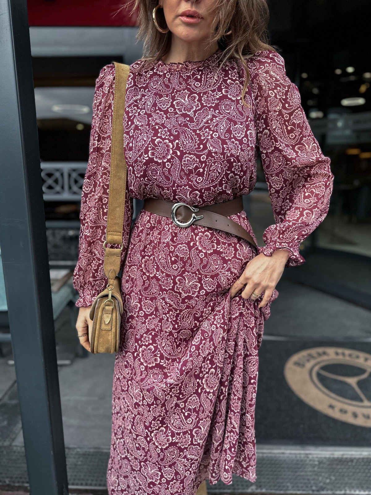 Bordo Kemerli Maxi Elbise