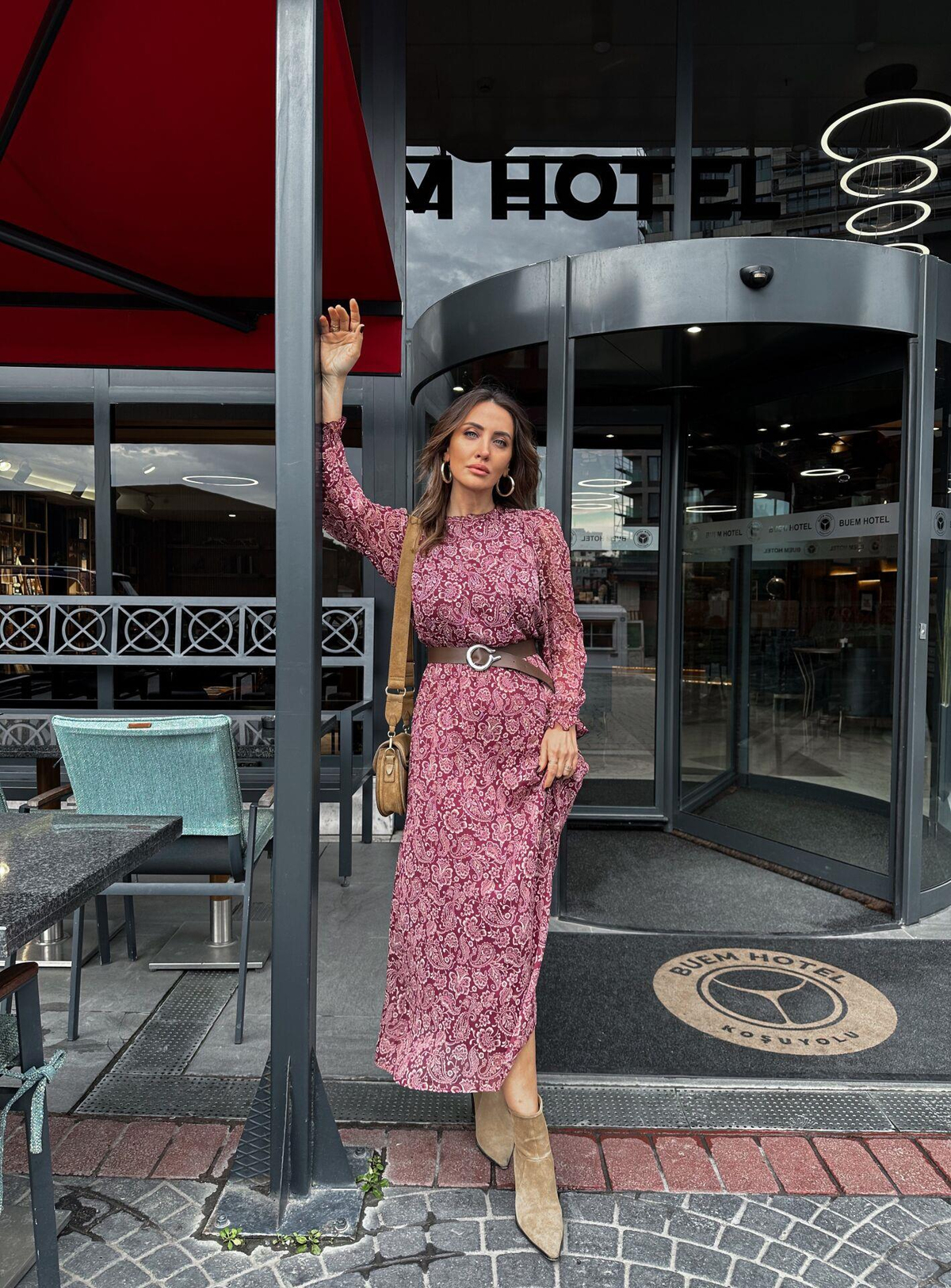 Bordo Kemerli Maxi Elbise