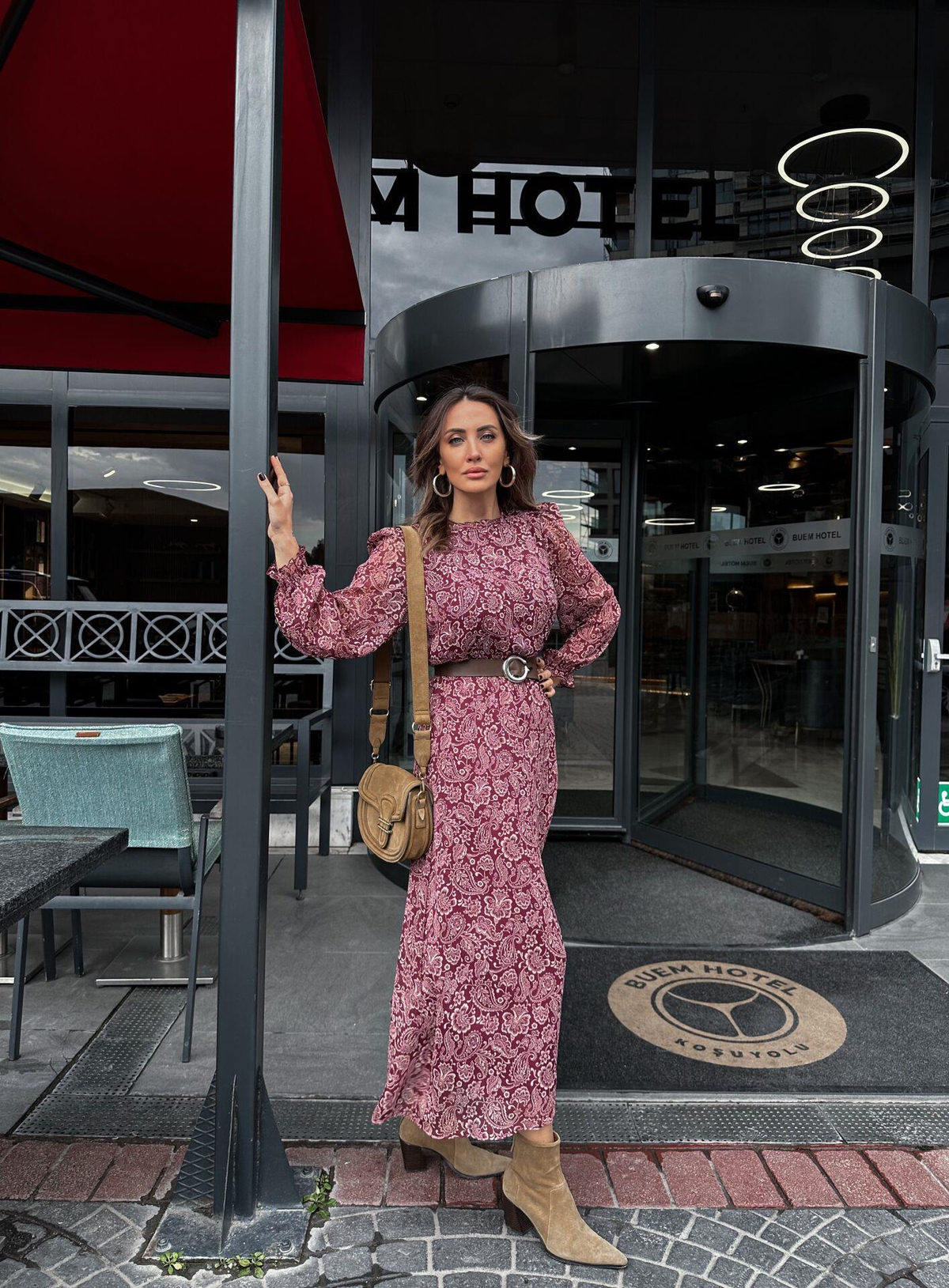 Bordo Kemerli Maxi Elbise