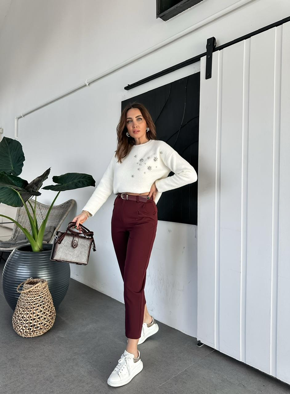 Bordo Kemerli Pensli Pantolon