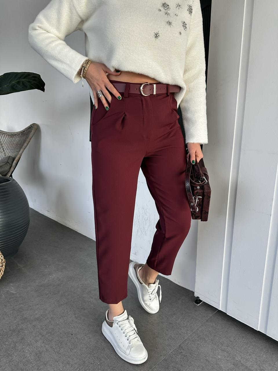 Bordo Kemerli Pensli Pantolon