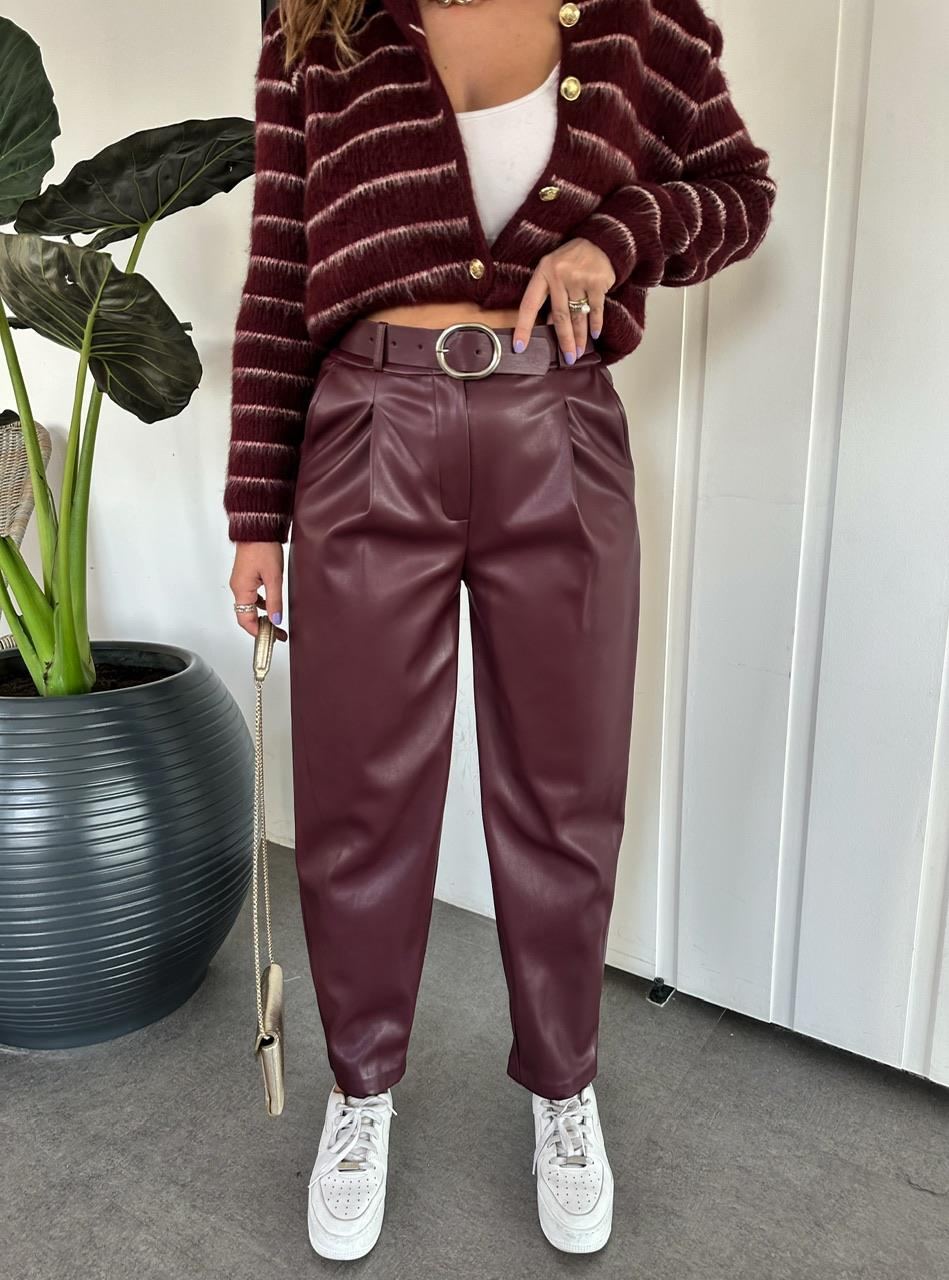 Bordo Kemerli Premium Deri Pantolon