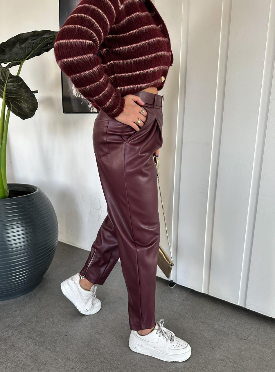Bordo Kemerli Premium Deri Pantolon
