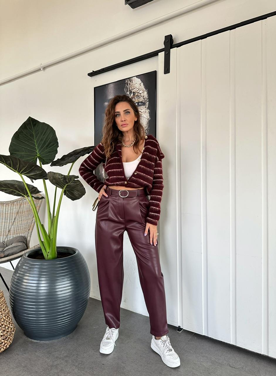 Bordo Kemerli Premium Deri Pantolon