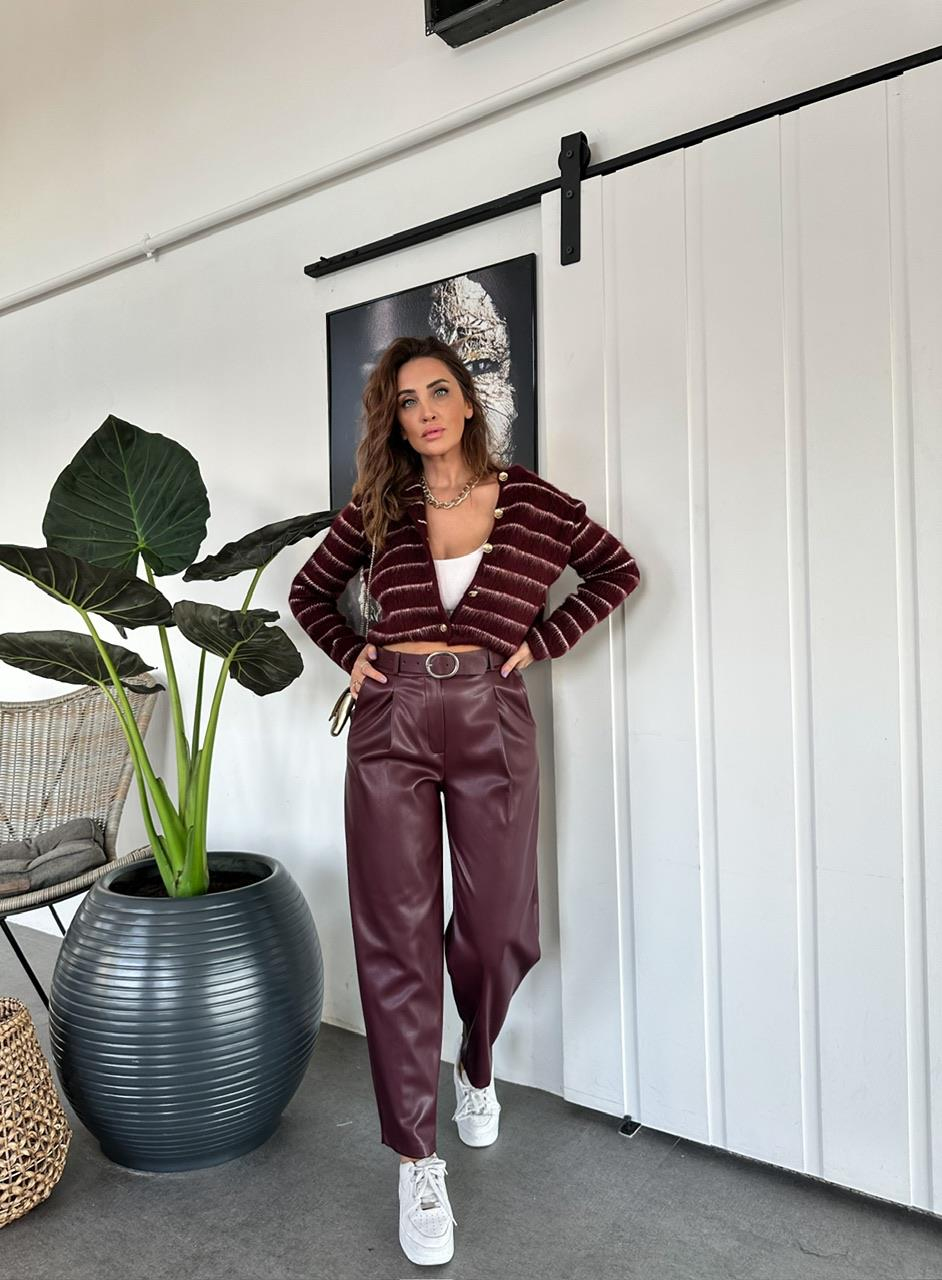 Bordo Kemerli Premium Deri Pantolon
