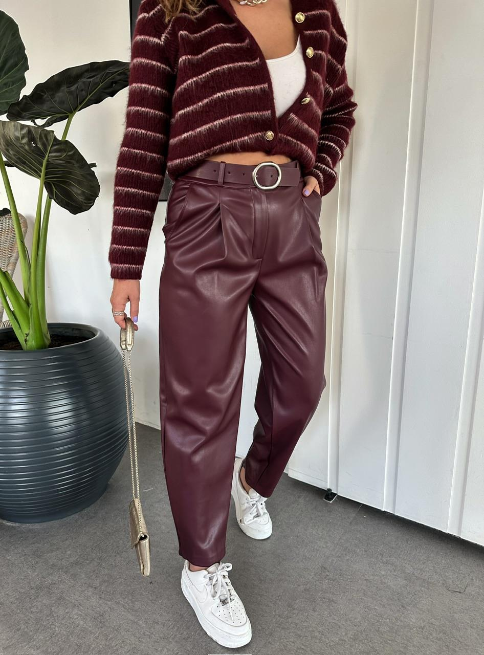 Bordo Kemerli Premium Deri Pantolon