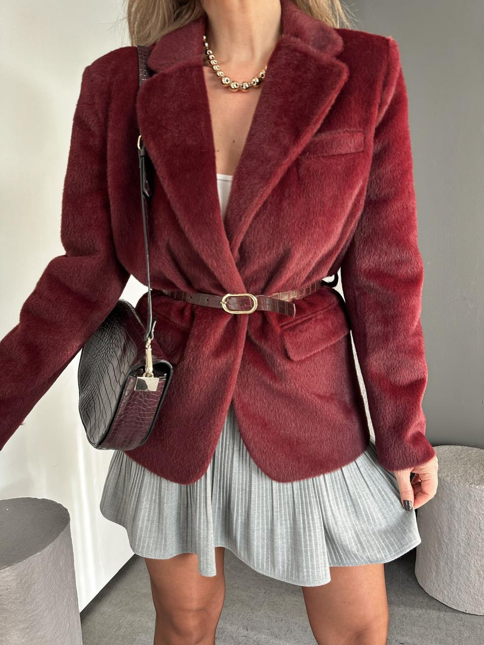 Bordo Kemerli Premium Peluş Ceket