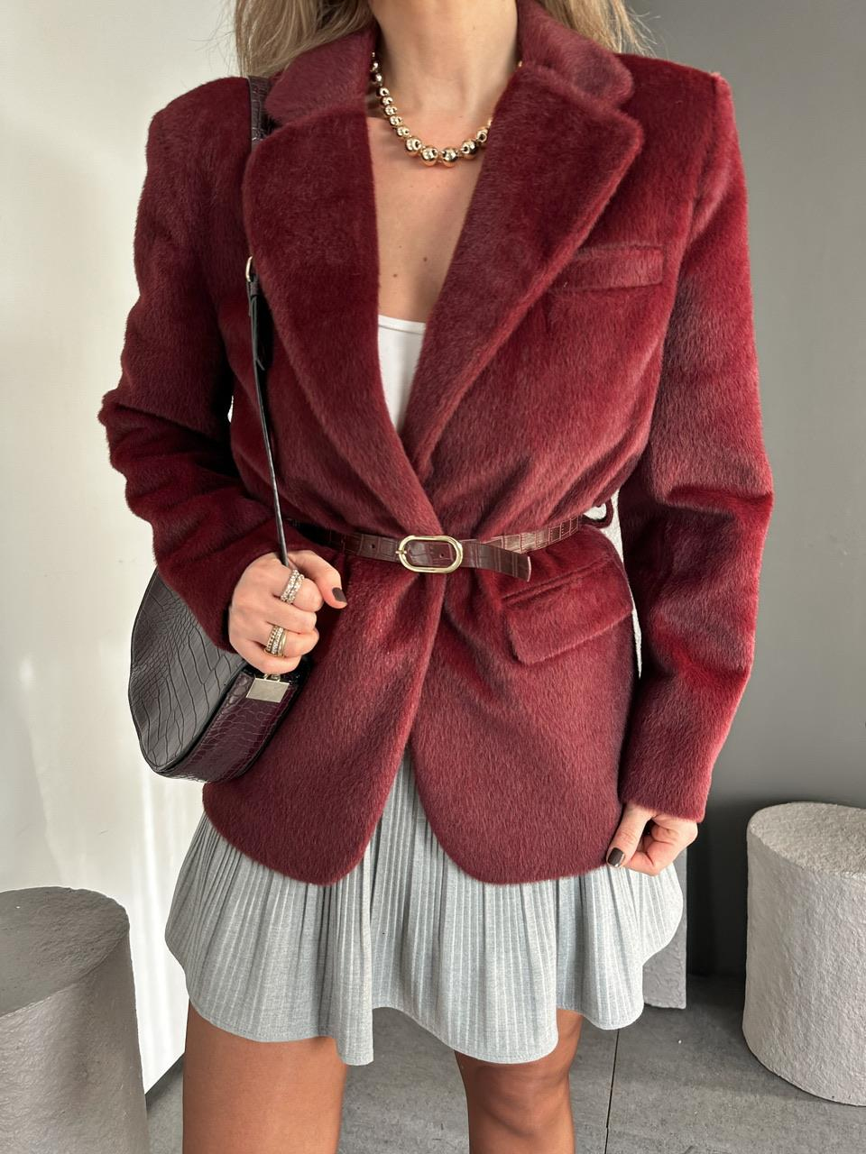 Bordo Kemerli Premium Peluş Ceket