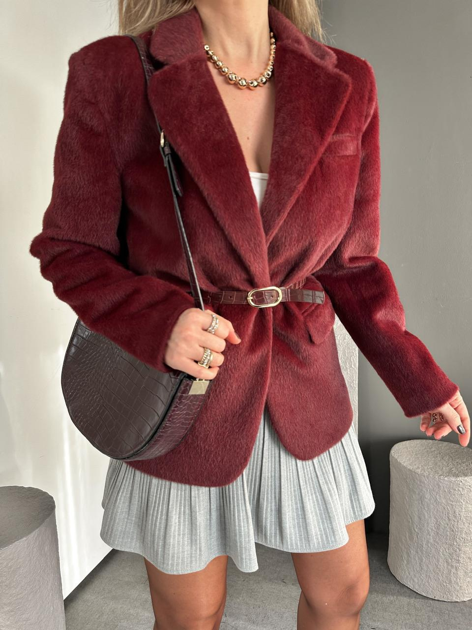 Bordo Kemerli Premium Peluş Ceket