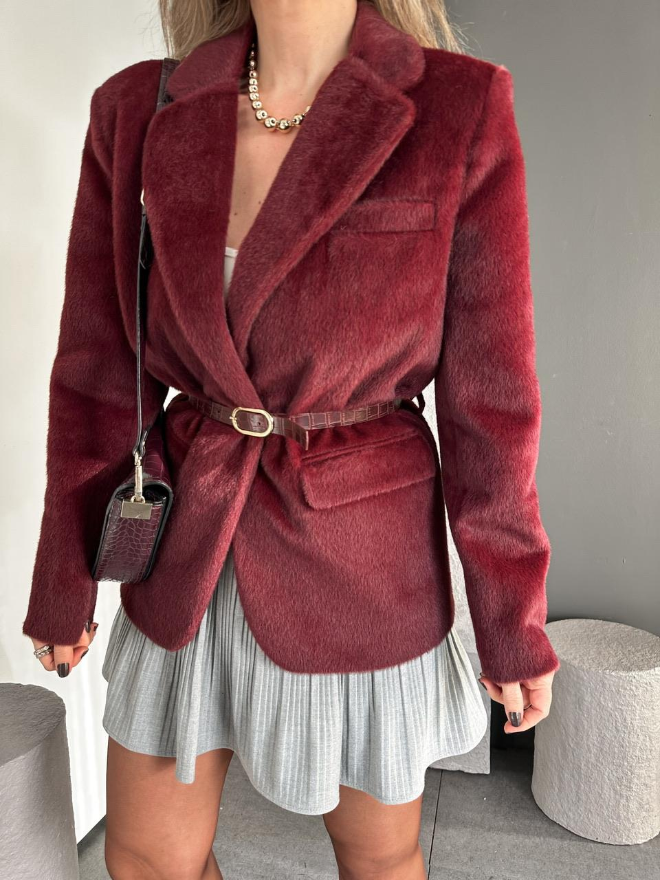 Bordo Kemerli Premium Peluş Ceket