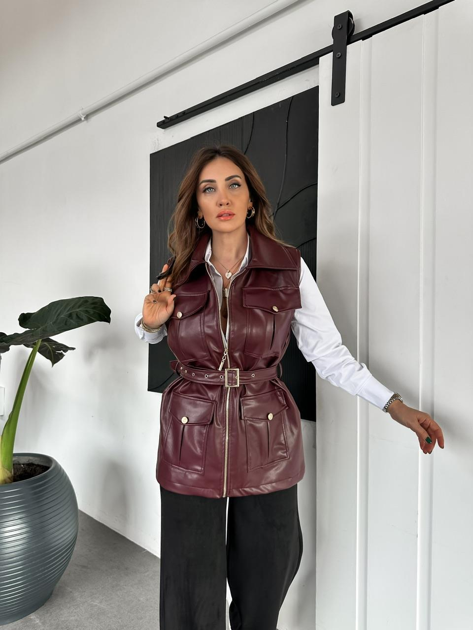 Bordo Kemerli Safari Deri Yelek