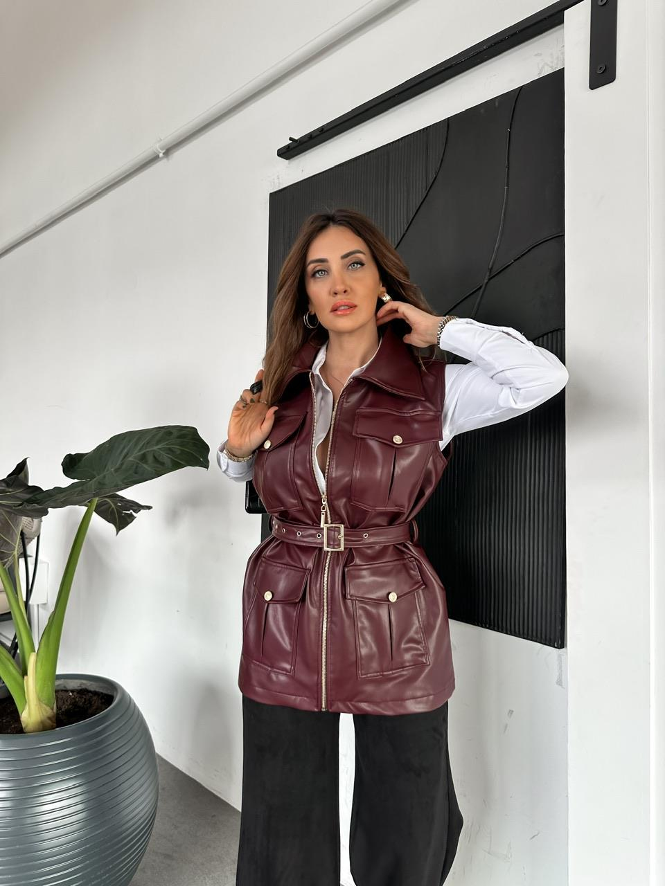 Bordo Kemerli Safari Deri Yelek