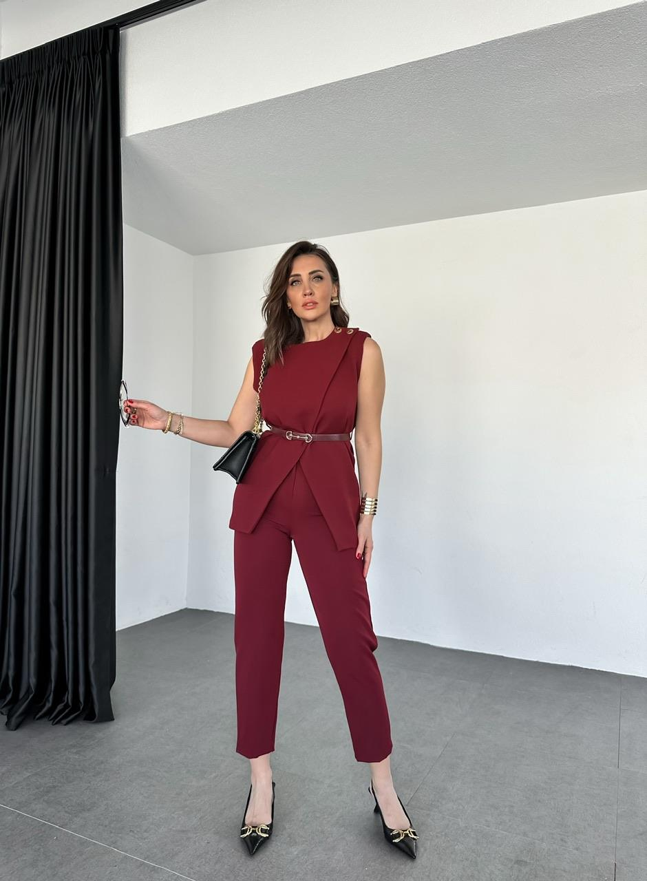 Bordo Kemerli Yelekli Şık Takım