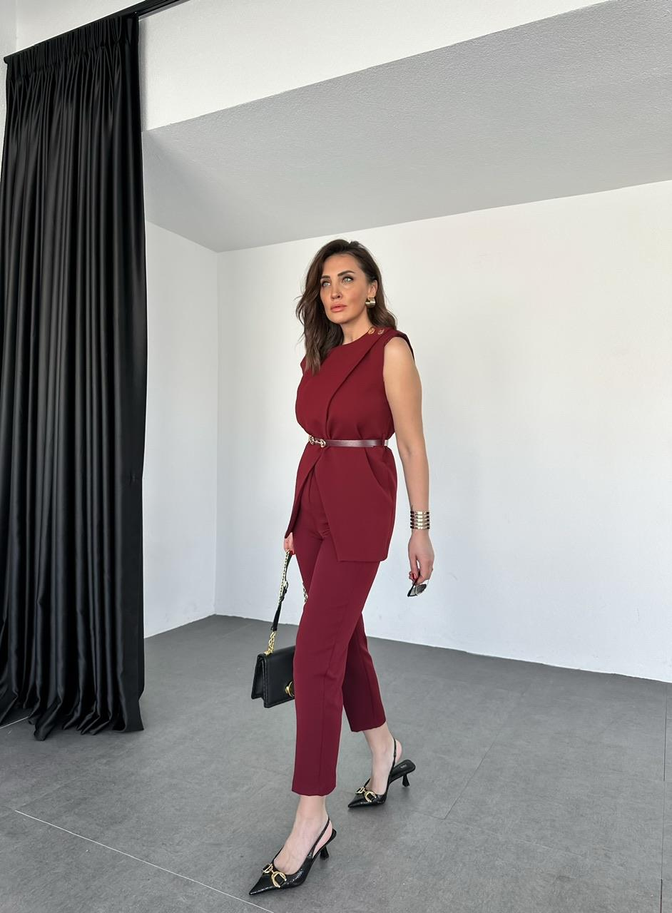 Bordo Kemerli Yelekli Şık Takım