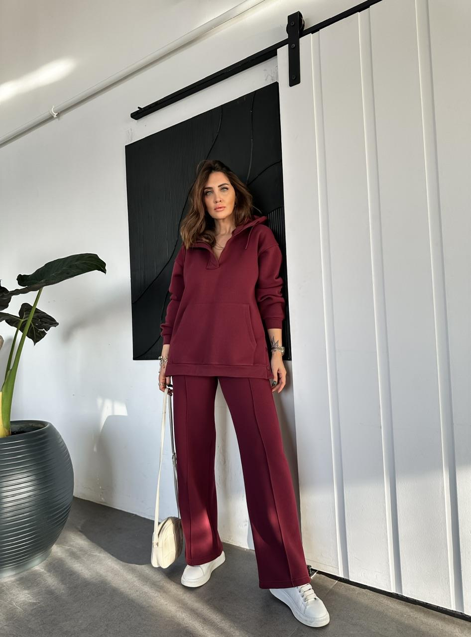 Bordo Kenarları Çıtçıtlı Kapşonlu Takım