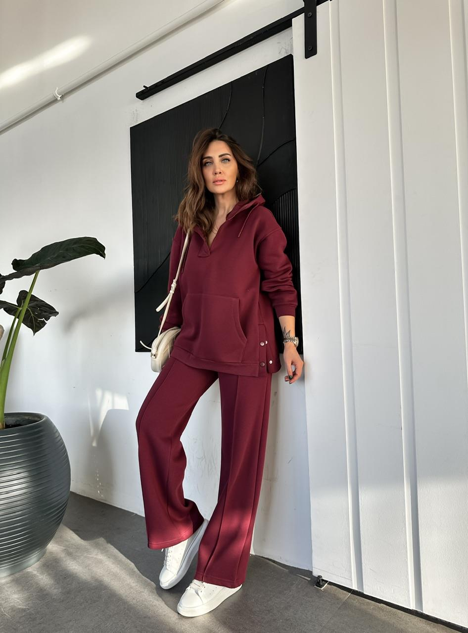Bordo Kenarları Çıtçıtlı Kapşonlu Takım