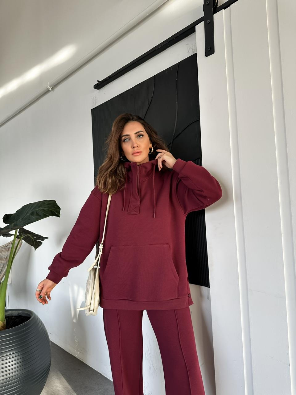 Bordo Kenarları Çıtçıtlı Kapşonlu Takım