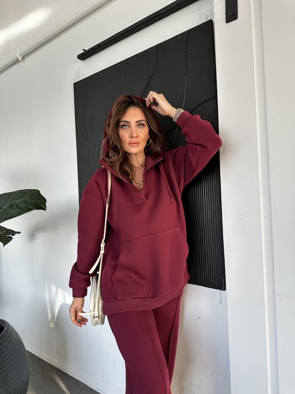 Bordo Kenarları Çıtçıtlı Kapşonlu Takım