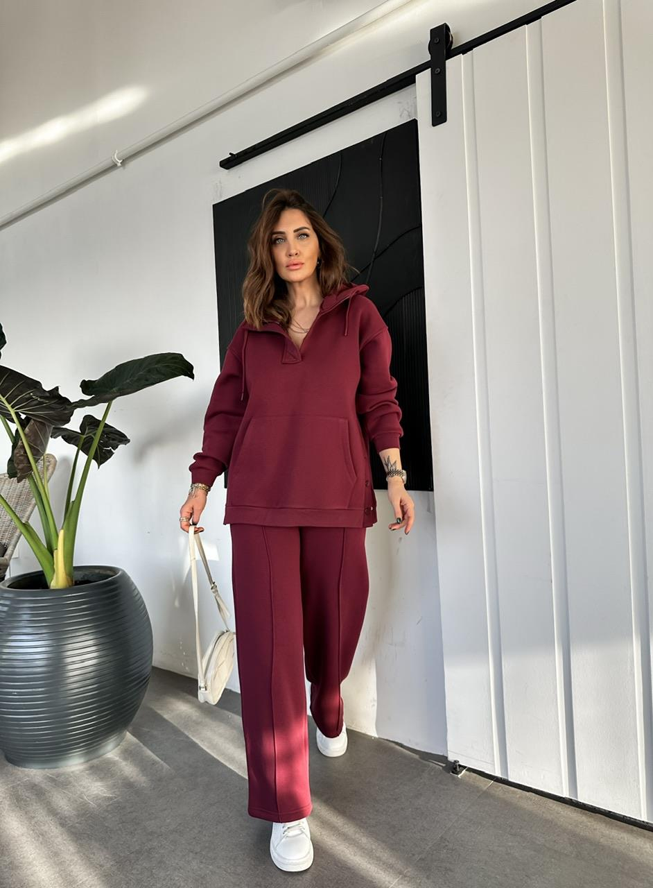 Bordo Kenarları Çıtçıtlı Kapşonlu Takım