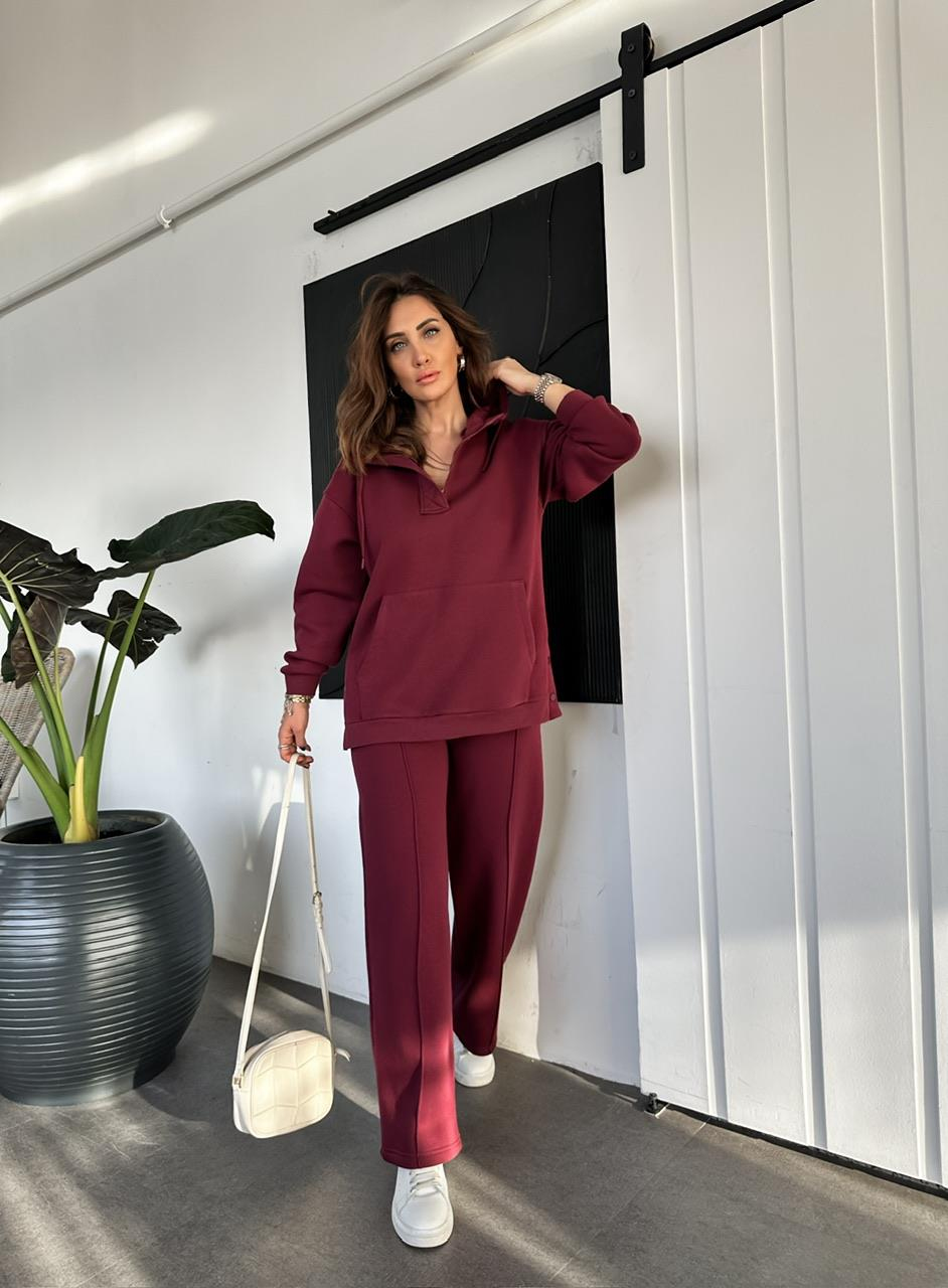 Bordo Kenarları Çıtçıtlı Kapşonlu Takım