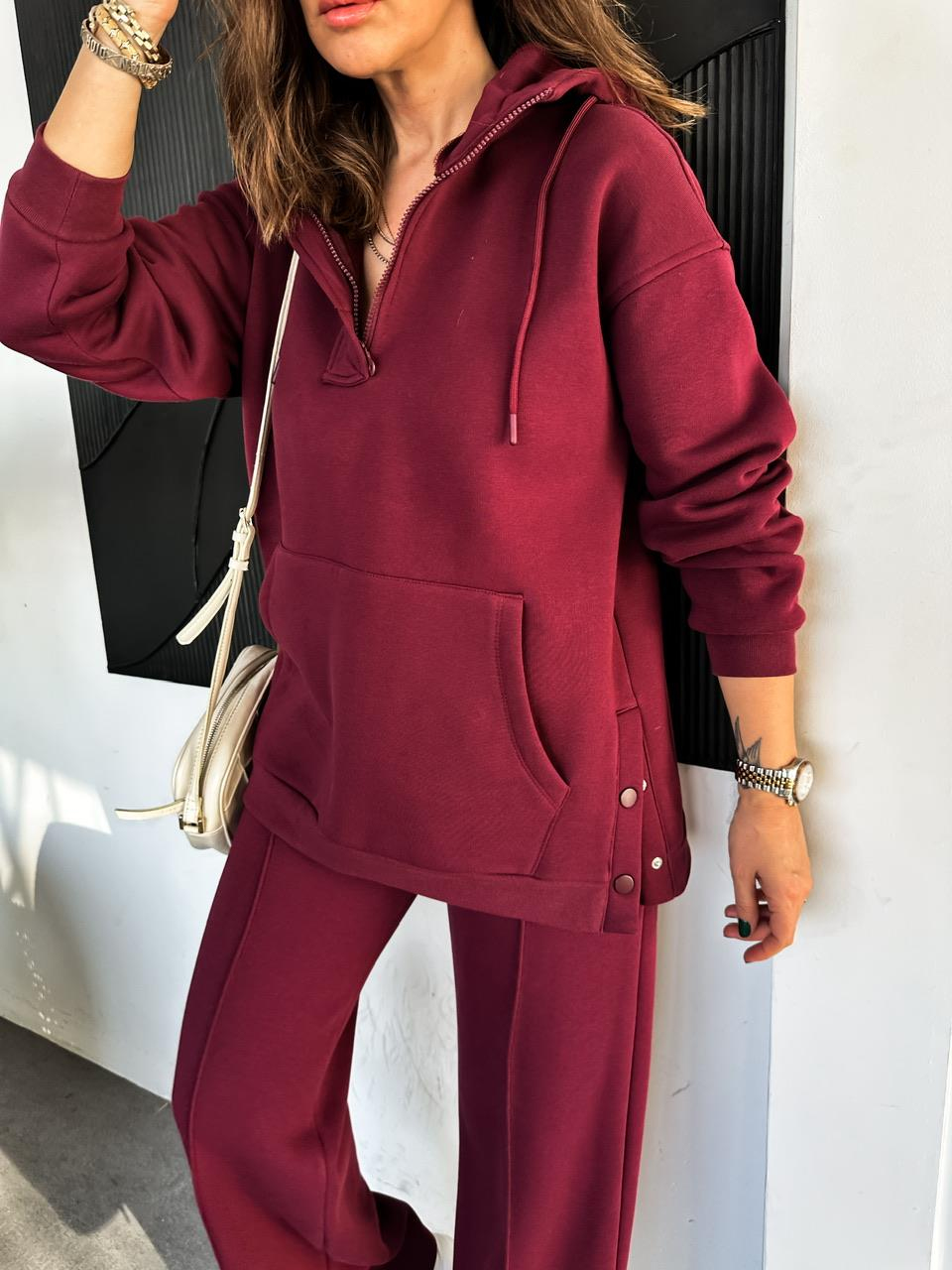 Bordo Kenarları Çıtçıtlı Kapşonlu Takım