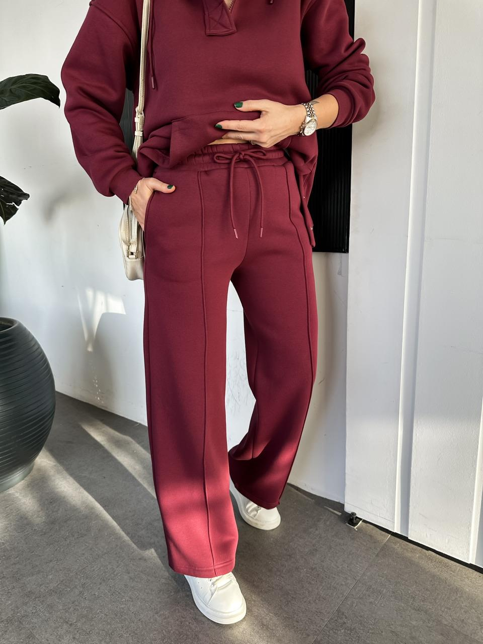 Bordo Kenarları Çıtçıtlı Kapşonlu Takım