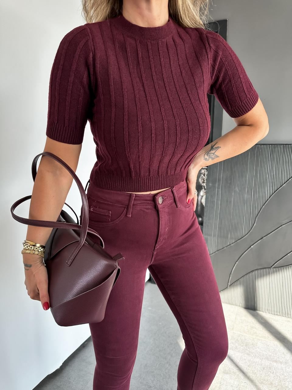 Bordo Kısa Kollu Fitilli Triko