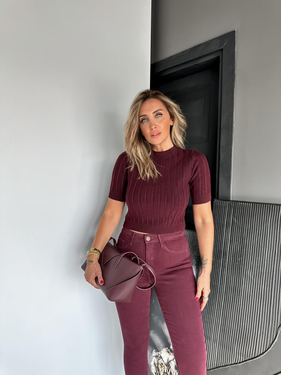 Bordo Kısa Kollu Fitilli Triko