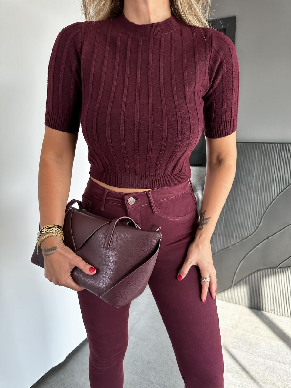 Bordo Kısa Kollu Fitilli Triko