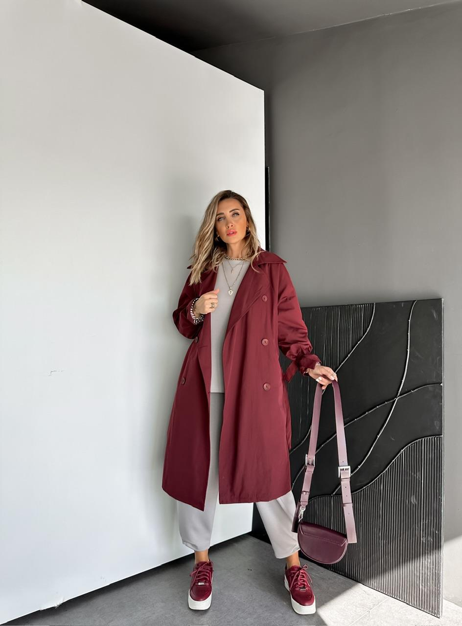Bordo Kolu Bağlamalı Oversize Trençkot