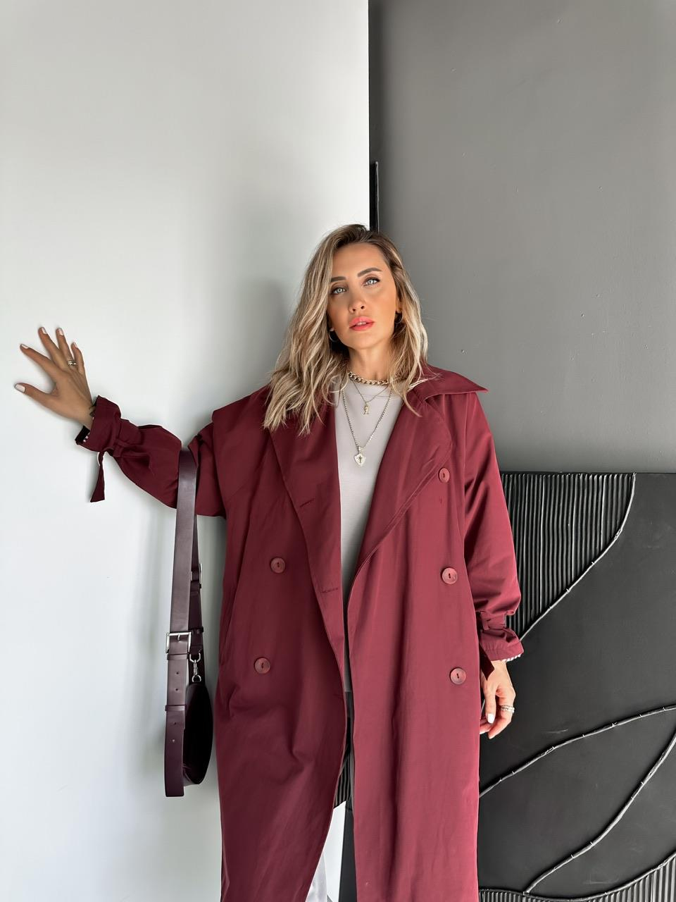 Bordo Kolu Bağlamalı Oversize Trençkot