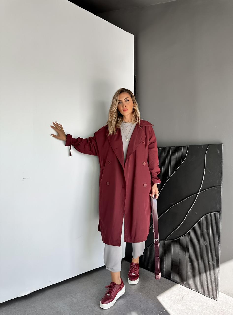 Bordo Kolu Bağlamalı Oversize Trençkot