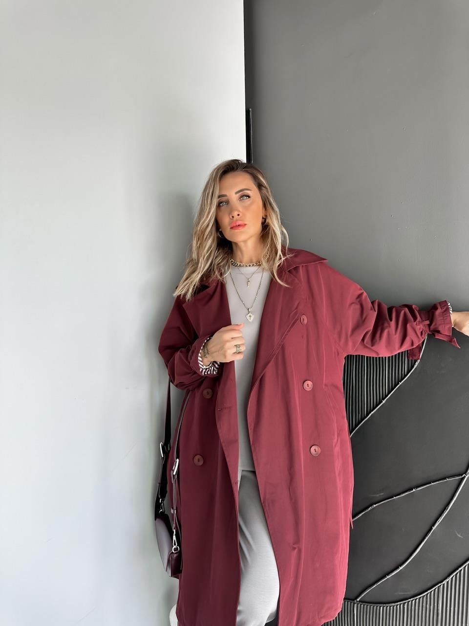 Bordo Kolu Bağlamalı Oversize Trençkot